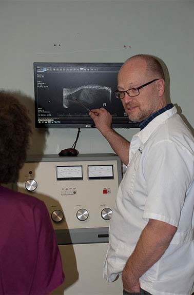 Dr. Knittel and Client looking at xray